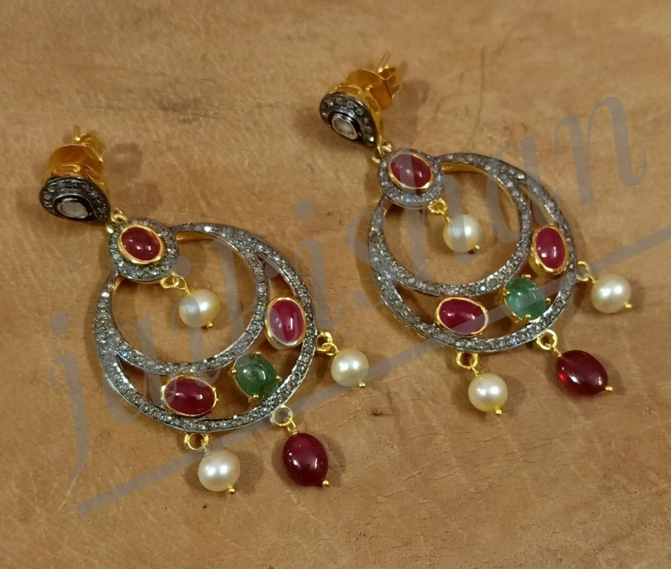 Echt Rubin Smaragd Edelstein Pflastern Polki Diamant 925 Sterlingsilber Ohrring - Bild 4 von 4