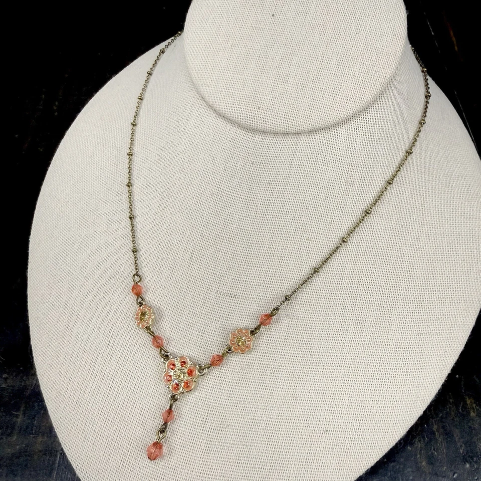 Colar antigo floral delicado com strass laranja e miçangas corrente bronze gota Y - Imagem 2 de 4