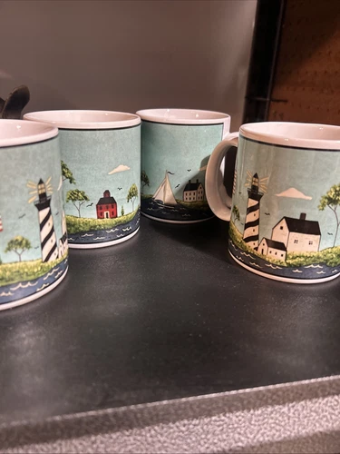 Sakura Oneida Coastal Breeze Warren Kimble Mugs Set Of 4 Lighthouse Sailboat Sea