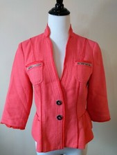 White House Black Market Peplum Linen Blend Blazer Jacket Size 2 Rhinestones