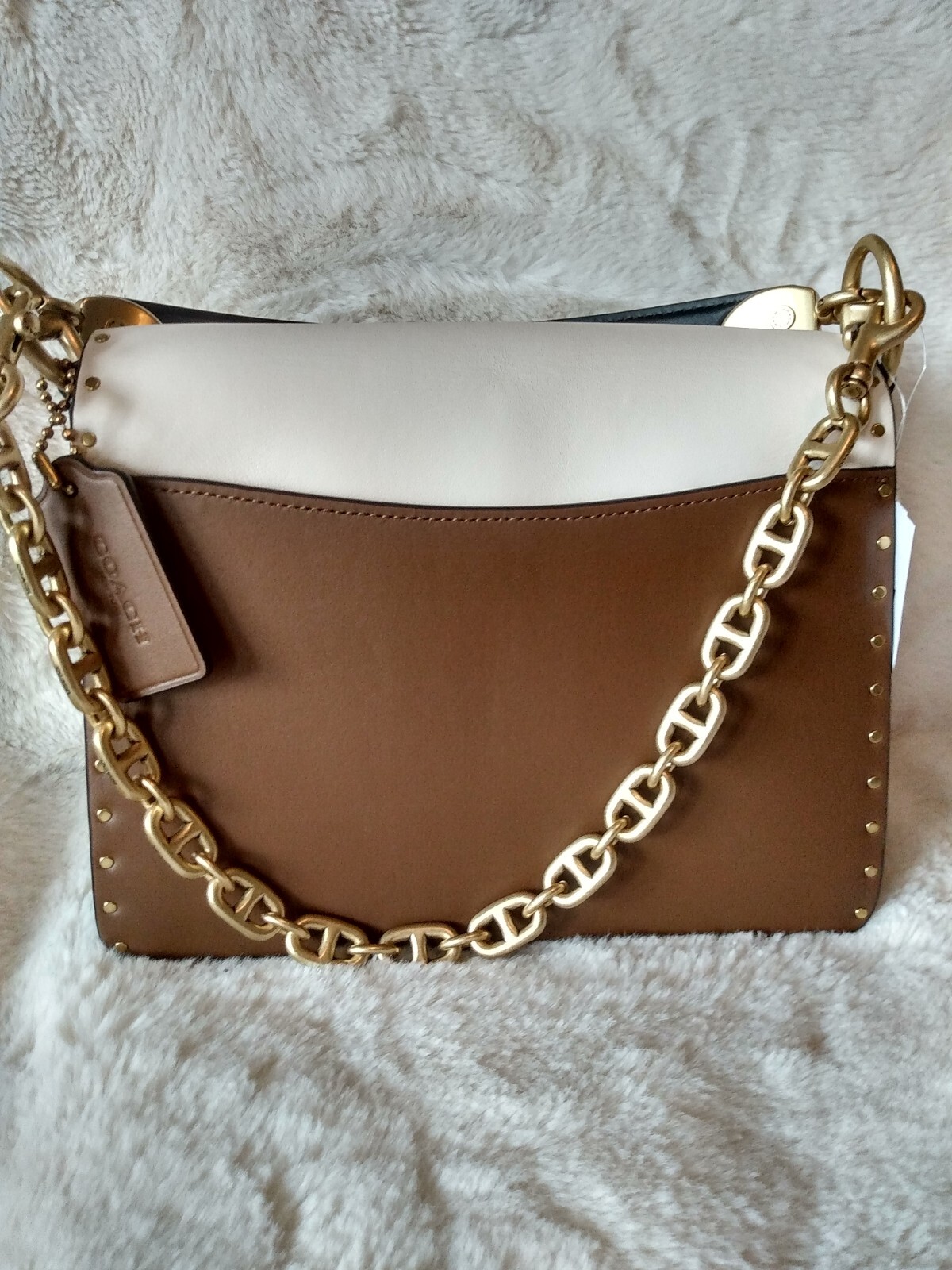 Coach Leather Handbag Colorblock Mixed Leather With Border Rivets Beat