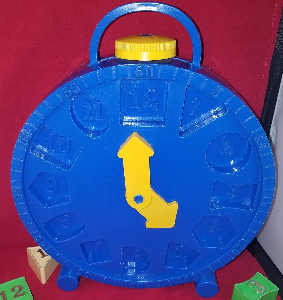 AMLOID BLOCK CLOCK VINTAGE 1970-80's BLUE PLASTIC KIDS TIME