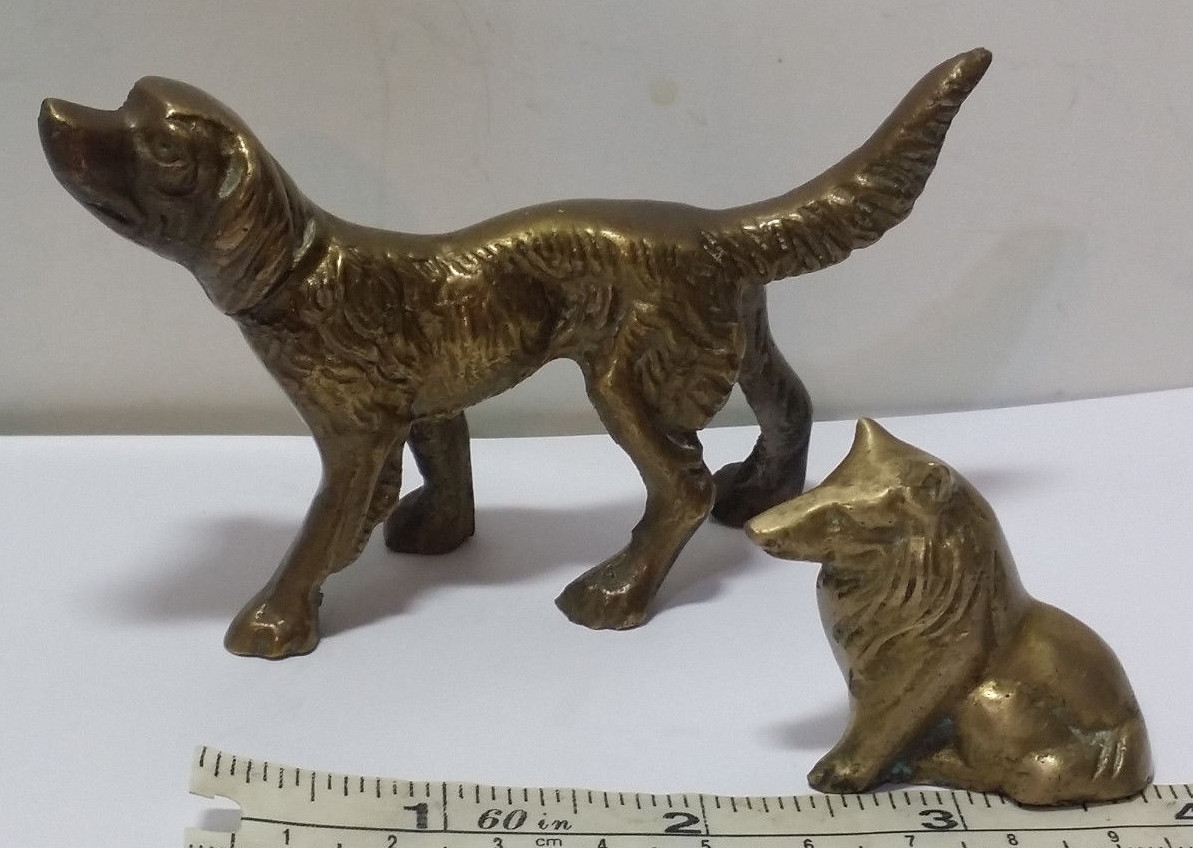 Old Vintage Solid Brass Dogs Pointer Hunting Dog And Collie Dog Statue Figurines