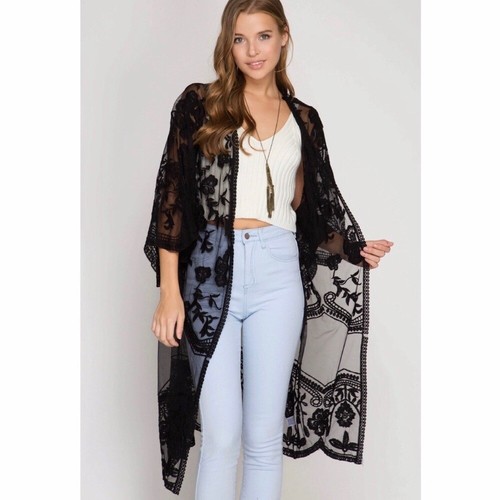 She + Sky Crochet Lace Midi Duster Kimono - Black - Picture 3 of 8