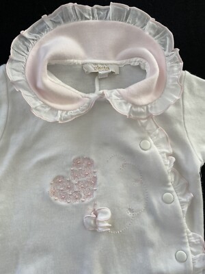 Aletta (Italy) White/Pink Embroidered Ruffled 100% Cotton Knit Footie-6 Mos