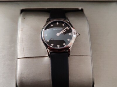 NEW EMPORIO ARMANI SWISS MADE ARS7600 Diamond Dial Black Strap Women Watch £599