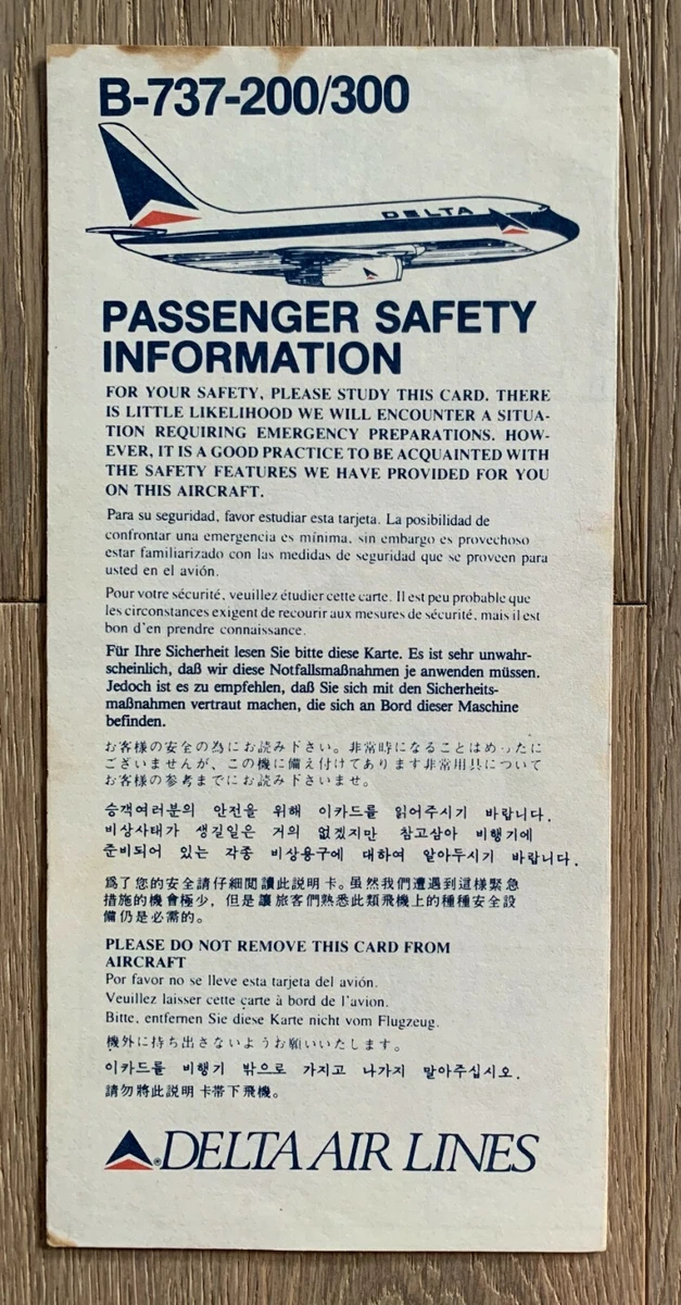 DELTA AIR LINES 737-200/300 SAFETY CARD 8/88