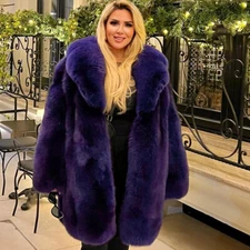 Womens Real Fox Fur Coats Lapel Purple Natural Fur Jacket Long Winter Overcoats 