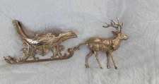 Heavy Brass Reindeer And Sleigh 22" long Christmas centerpiece decor .