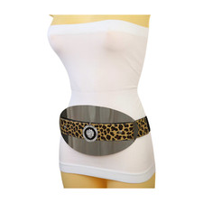 Women Black Elastic Leopard Band Belt Silver Oval Plate Metal Lion Coin S M