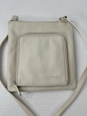 Fossil Bag Leather Pebbled Ivory Crossbody Purse Shoulder Bag Side Organizer