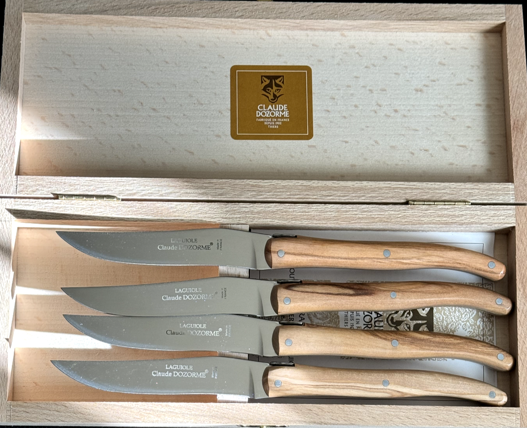 Claude Dozorme Laguiole 4-Piece Olive Wood Steak Knives Set Made in France
