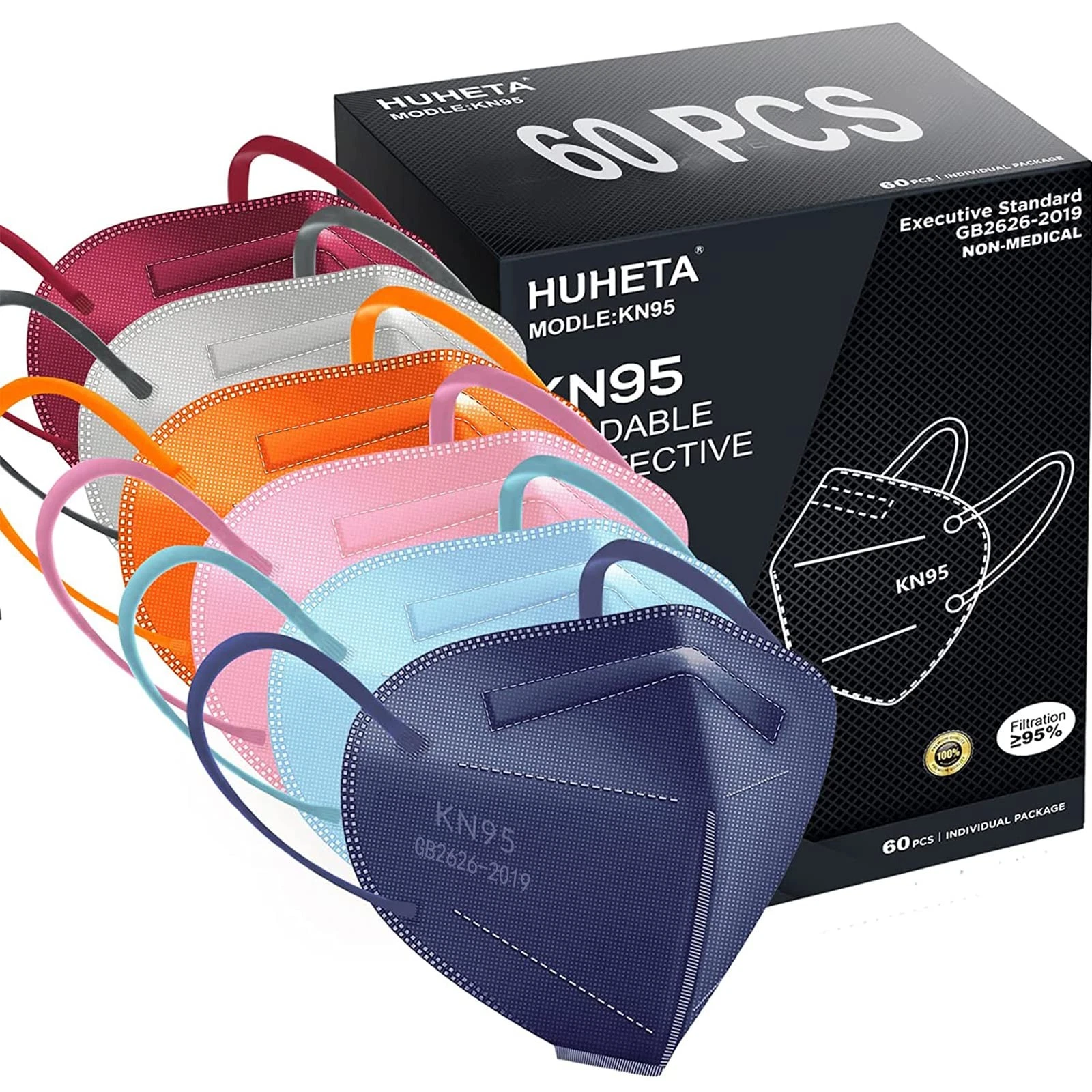 HUHETA KN95 Face Mask 60 Pack, 5-Ply Breathable Comfortable Safety Mask,