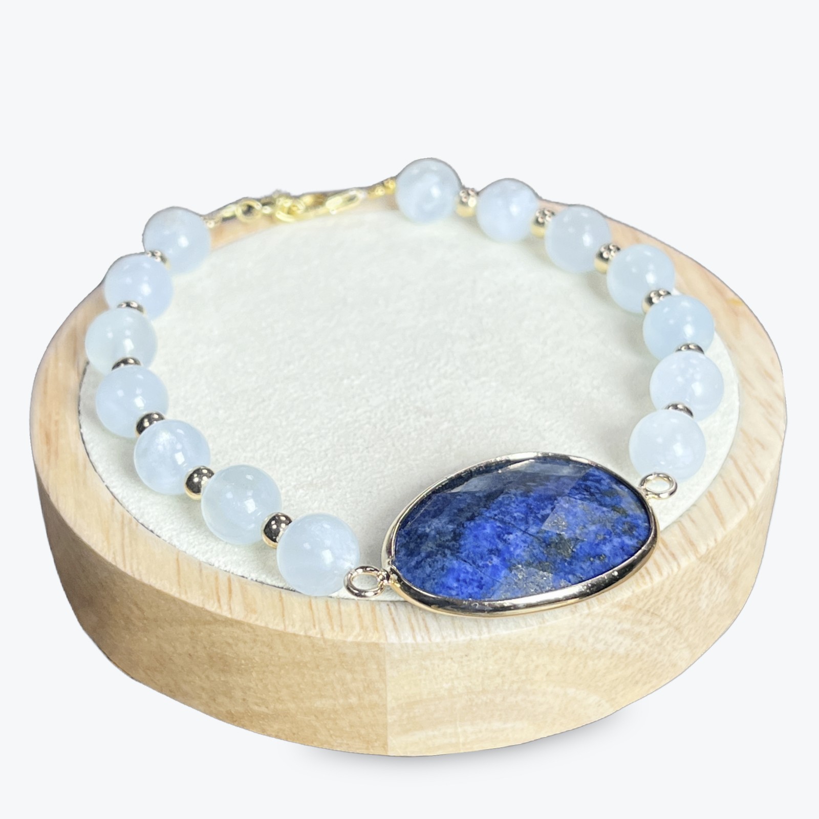 Bracelet aigue-marine et lapis-lazuli véritable avec finitions dorées de luxe