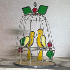 Stained Glass & Metal Birdcage Hanging Suncatcher w/ 2 Yellow Birds Multicolor