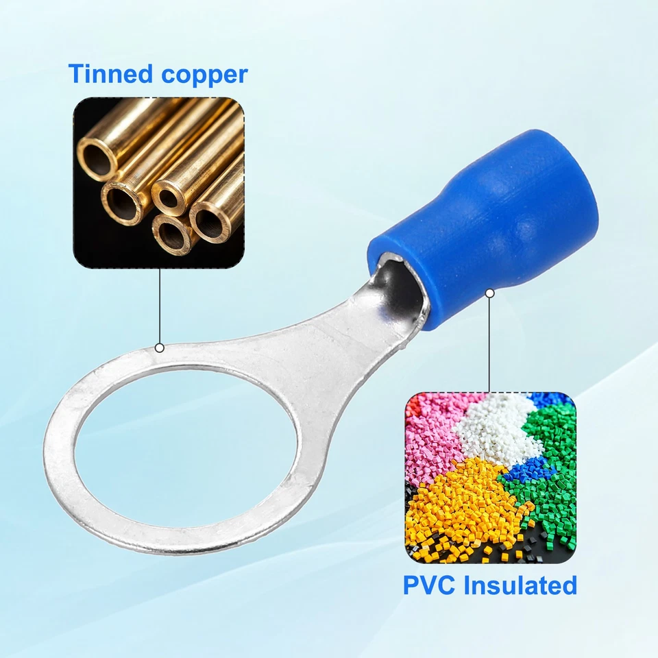 150Pcs Insulated Ring Terminal RV2-10 Battery Lugs 16-14AWG Crimp Terminals Blue Foto 3 de 4