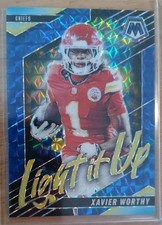 2025 Panini Mosaic - Light It Up Mosaic Xavier Worthy #14 Blue Prizm /99