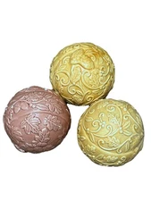 Vtg Set Of 3 carved Decorative Orb Sphere designed of leaves and acorns