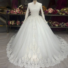 Luxury Wedding Dresses Long Sleeves High Neck Lace Appliques A Line Bridal Gown