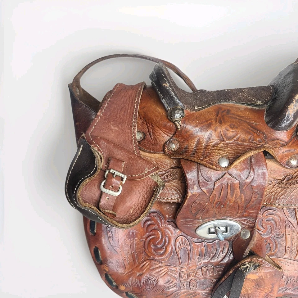 Vintage Saddle Bag Purse Tooled Leather Stirrups Horse Theme Mexico - Photo 2/4