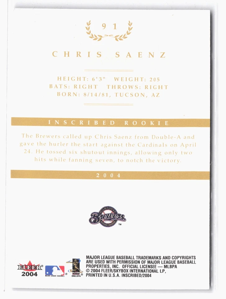 2004 Fleer InScribed Gold #91 Chris Saenz #/199 Milwaukee Brewers Rookie SP - Image 2 of 2