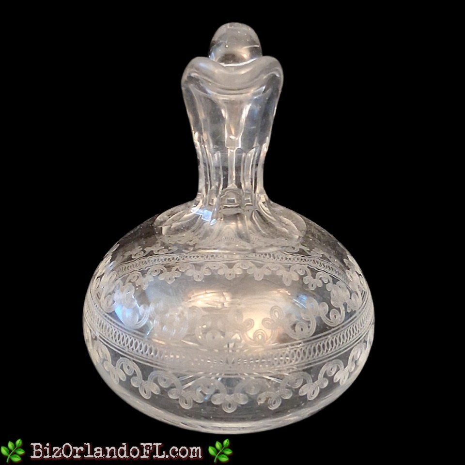 VINTAGE: Intricately Etched Glass Cruet for Oil / Vinegar (Approx. 4.5" Tall)