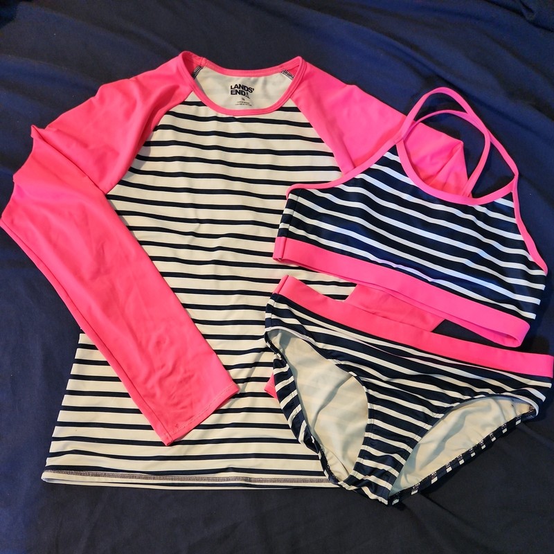 Girls Size 14 Lands’ End 3 Piece Swim Set Bikini Long Sleeve Rashguard Pink Blue