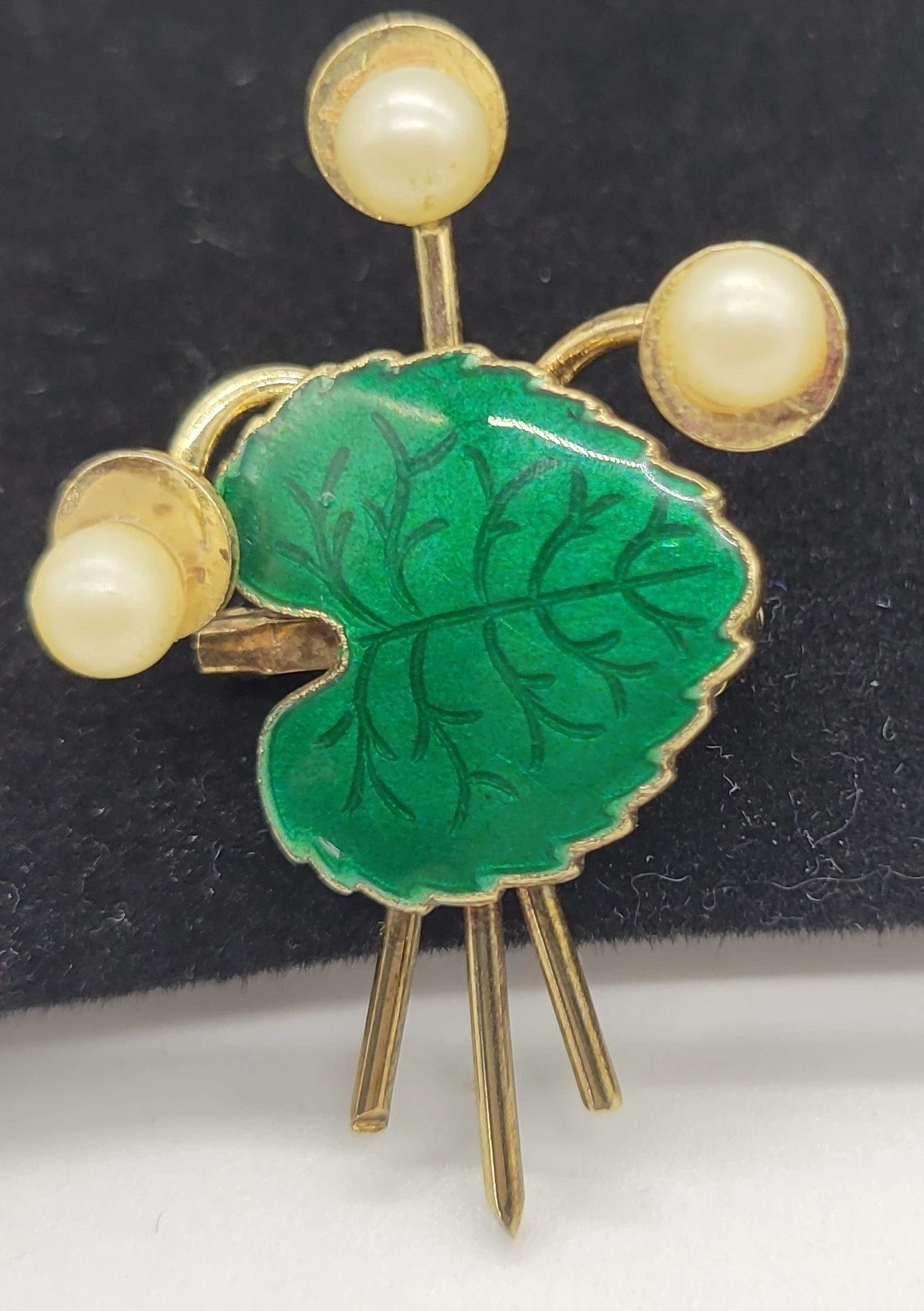 Vintage Unique Gold Tone Green Enamel Leaf Faux Pearl Pin Brooch