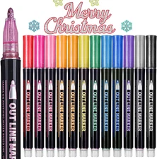 Double Line Outline Pens, 12 Colors Shimmer Markers Set for Drawing, Greeting Ca