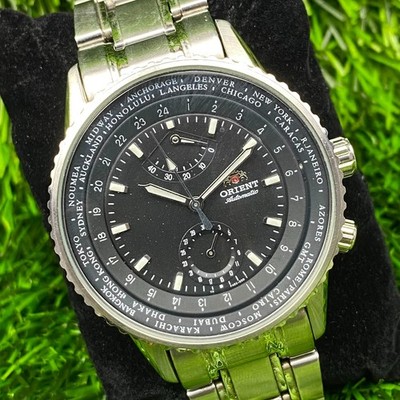 Rare Orient World Timer Automatic FA02 Power Reserve Black Dial Vintage Watch