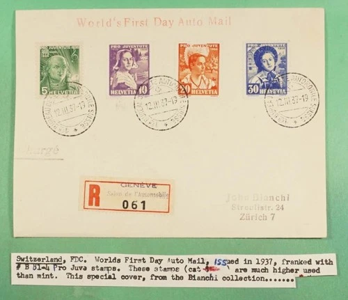 DR WHO 1937 SWITZERLAND FDC PRO JUVENTUTE 1ST AUTO MAIL DAY COMBO R34636