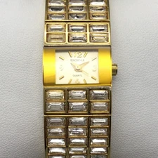 Elgin II Womens Watch 19mm Gold Tone Rectangle Dial Crystals New Battery 7.75"
