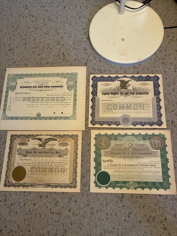 ICE COMPANY -- Stock Certificate -  4 Certificates-one Money……..