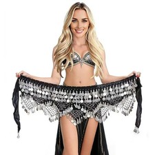 Women's Belly Dance Hip Scarves Performing Glittering Sequined Coins Velvet 3...