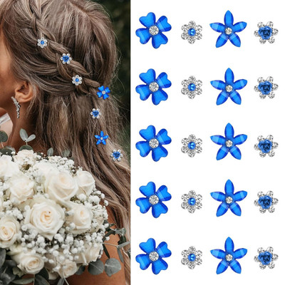 Royal Blue Assorted Mini Flower Hair Clips for Women & Girls, 20Pcs Crystal Flor