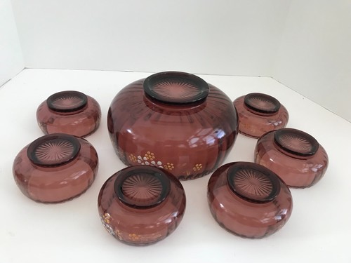 Vintage Victorian Northwood Amethyst Glass Berry Bowl Set Enameled Flowers - Picture 9 of 10