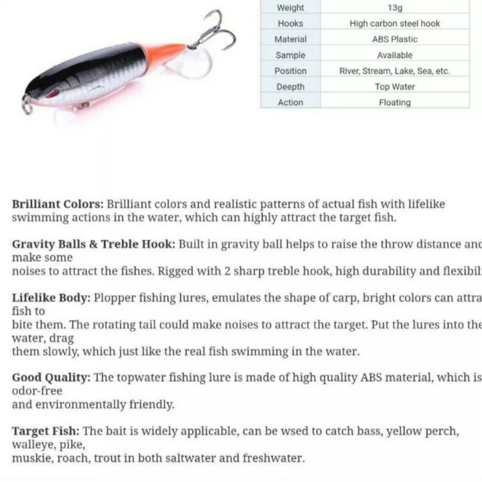 Whopper Plopper 100 Top Water Prop Bait Lure 1/2 oz. 3.94inch Snakehead Bass NEW - Image 3 of 4
