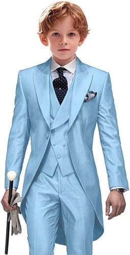 Satin Boy‘s Suits Set Peak Lapel Long Coat Pant Vest Wedding Prom Tuxedo 3 Piece - Picture 10 of 16