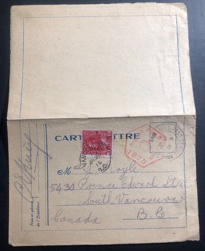 1916 Canadian Field Post WWI Postcard Censored Cover To Vancouver Canada