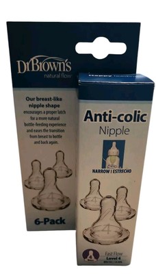 Dr Brown's Anti Colic Baby Bottle Nipple 6 Pack Narrow Fast Flow Level 4 Nipples
