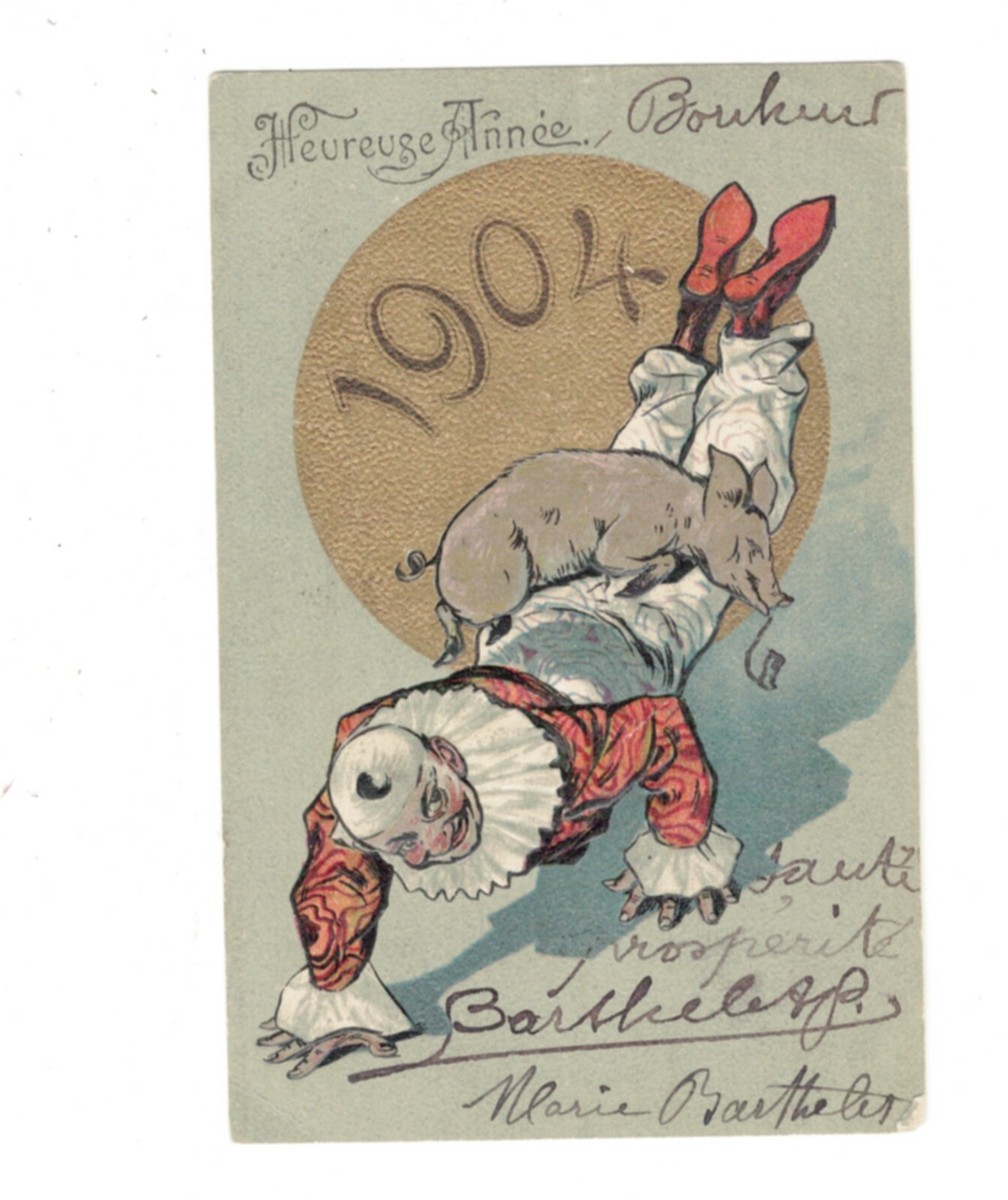 SE1958 EMBOSSED CIRCUS ACT PIERROT/CLOWN WITH PIG YEARDATE PC 1904