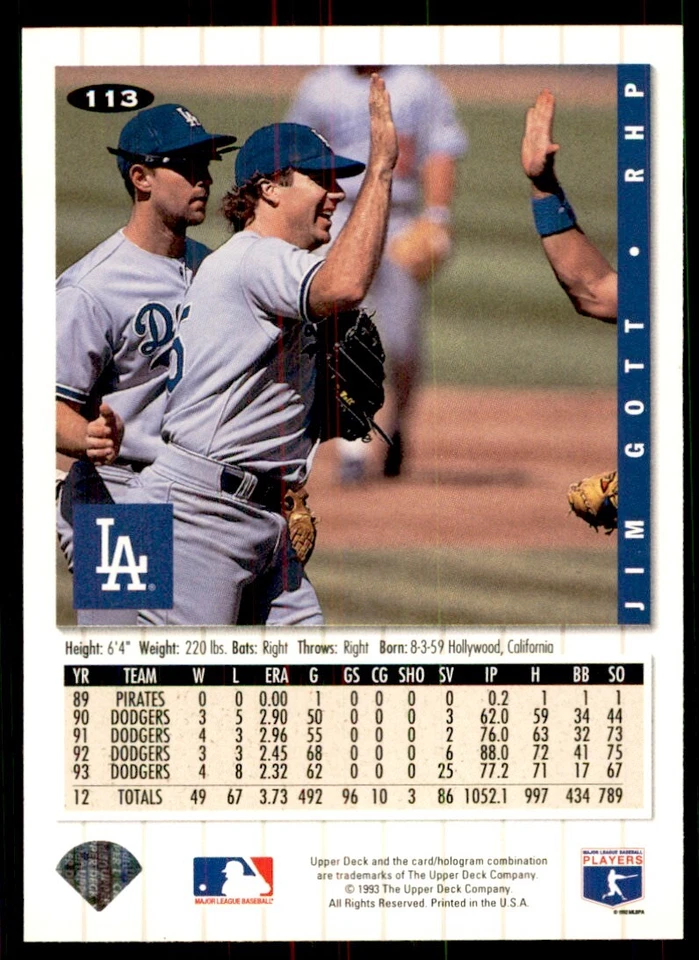 1994 Upper Deck Jim Gott Baseball Cards #113 - Image 2 of 2