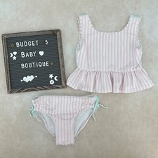 WDW WILDLING Pink Stripe Aqua Ruffle Bikini Swim Suit Tankini Size 11-12Y