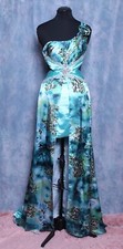 PRECIOUS FORMALS AQUA PRINT SATIN BEADED GEMS HIGH LOW PROM FORMAL GOWN DRESS 4