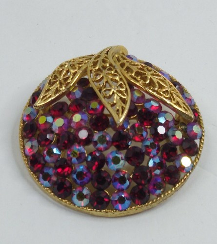 Vintage AB Dark Red Crystal Rhinestone Dome Fruit Flower Brooch Pin - Picture 4 of 8