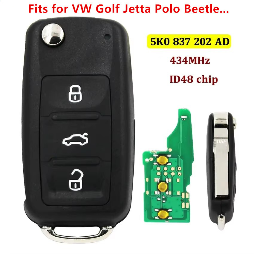 Flip Smart Remote Key Fob 3 buttons 434Mhz ID48 for Volkswagen