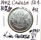 1942 Canada 50 Cents  Lovely AU King George VI 80% Silver Fifty Cents
