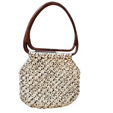 Vintage 70s Macrame Shoulder Bag Brown Lucite Handle Boho Neutral 10 X 11