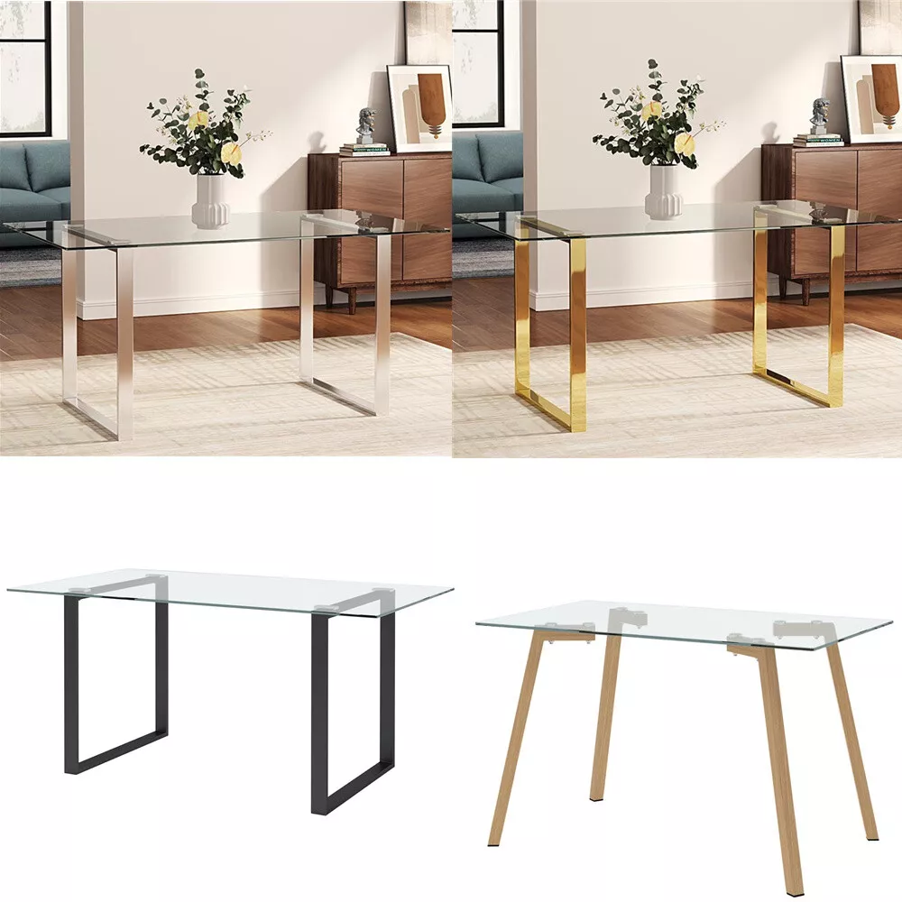 Modern Glass Dining Table Large Rectangular Tempered Glass Top Kitchen Furniture