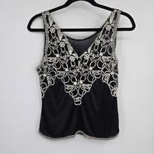 Vintage Black Floral Embroidered Lace Trim Sleeveless Camisole Tank Top